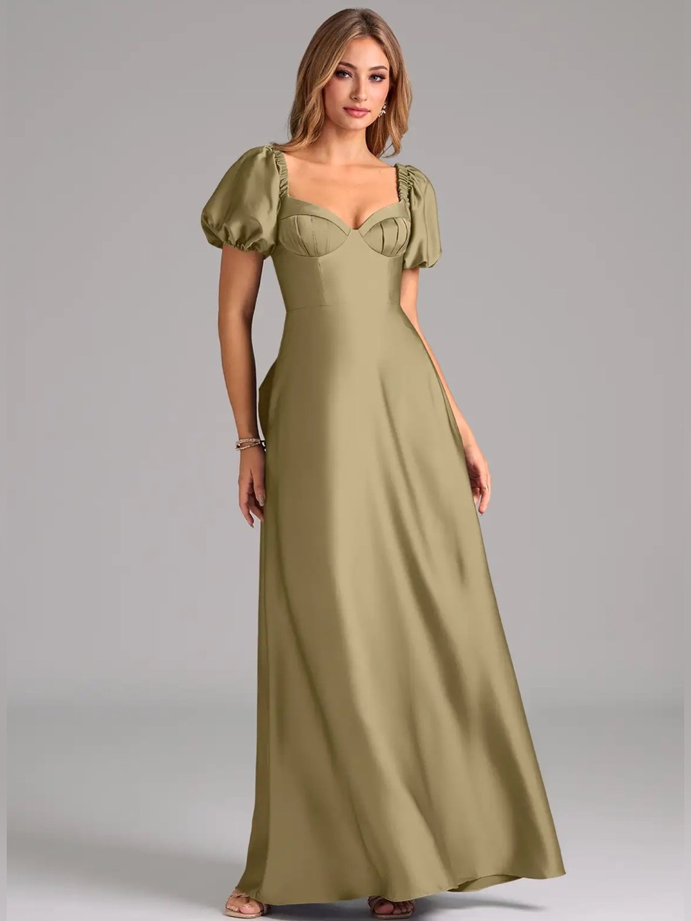 Azazie Fatima Puff-Sleeve Maxi Dress - Moss Green Size 4 NWT